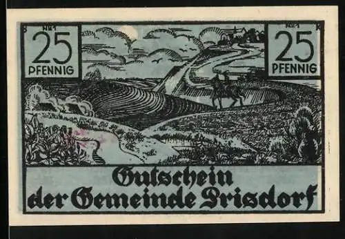 Notgeld Prisdorf, 25 Pfennig, Ortsansicht, Posthorn