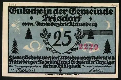 Notgeld Prisdorf, 25 Pfennig, Ortsansicht, Posthorn