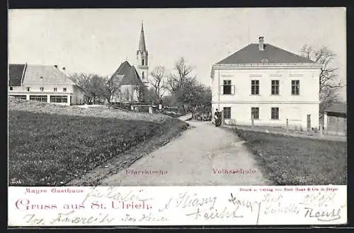 AK St. Ulrich bei Steyr, Strassenpartie mit Kirche