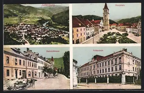 AK Judenburg, Hauptplatz, Bahnhofstrasse, Volksschule