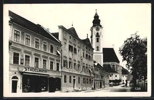 AK Eferding, Strassenpartie mit Geschäft Stadelmann