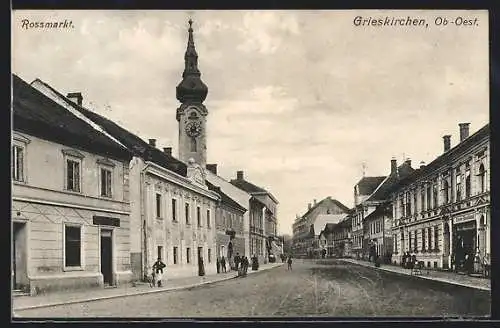 AK Grieskirchen, Rossmarkt mit Kirche, Strassenpartie