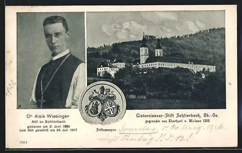 AK Schlierbach, Porträt des Abts Dr. Alois Wiesinger, Cistercienser-Stift, Stiftswappen
