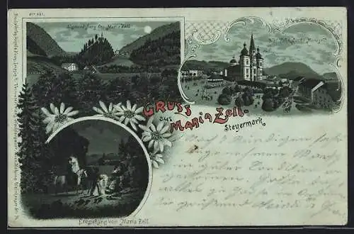 Mondschein-Lithographie Maria Zell, Ansicht mit Wallfahrtskirche und Sigmundsberg