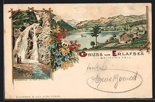 Lithographie Erlafsee, Holzhütte am Ufer, Wasserfall in der Grünau