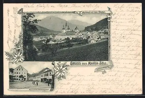 AK Maria-Zell, Ortsansicht mit Ötscher, Wienerneustädtergasse
