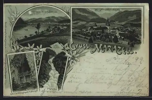 Mondschein-Lithographie Mariazell, Ortsansicht und Erlafsee