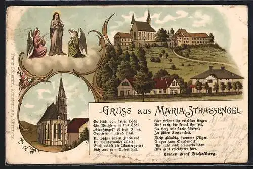 Lithographie Maria Strassengel, Ansicht mit Kirche und Marienfigur