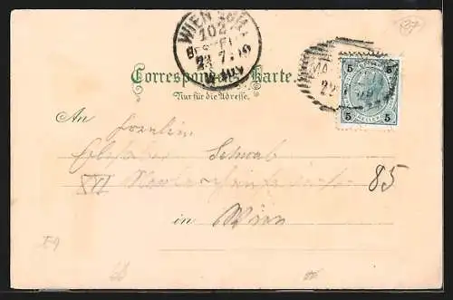 Lithographie Mariazell, Ortsansicht mit Strassenpartie und Wallfahrtskirche