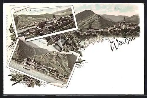 Lithographie Rossatz /Wachau, Ortsansicht mit Dürnstein