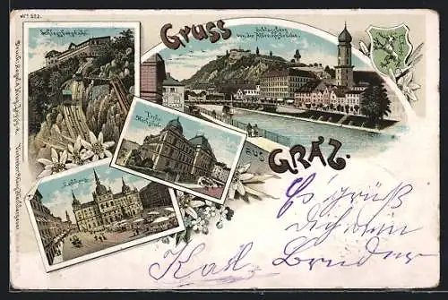 Lithographie Graz, Schlossbergbahn, Schlossberg von der Albrechtsbrücke, Techn. Hochschule, Rathaus