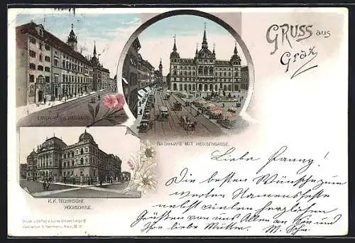 Lithographie Graz, Rathaus mit Herrengasse, Landhaus, K. K. Technische Hochschule
