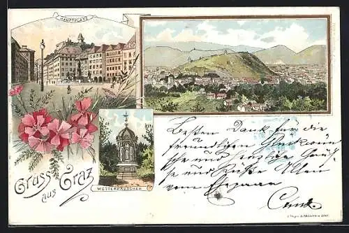 Lithographie Graz, Totalansicht mit dem Schlossberg, Hauptplatz, Wetterhäuschen