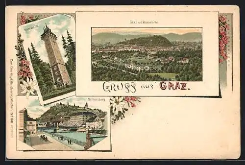 Lithographie Graz, Schlossberg, Hilmwarte und Gesamtansicht