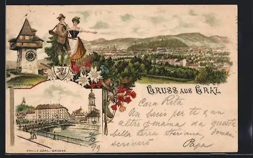 Lithographie Graz, Uhrturm, Wanderer und Frau in Tracht, Franz Carl-Brücke