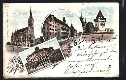 Lithographie Graz, Landhaus & Rathaus, Herz-Jesu-Kirche, Uhrturm, Stadttheater