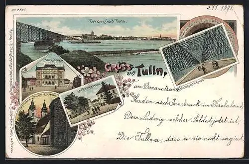 Lithographie Tulln, Totalansicht, Partie an der Brücke, das Amtshaus, am St Pöltnertor