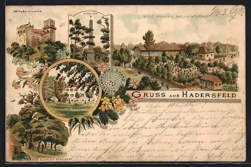 Lithographie Hadersfeld, Alois Aigners Gasthaus, Ruine Greifenstein