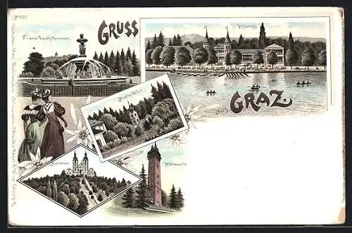 Lithographie Graz, Franz Josef Brunnen, Ortsansicht, Mariatrost