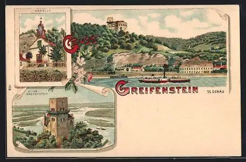 Lithographie Greifenstein, Kapelle mit Ruine