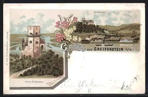 Lithographie Greifenstein / Donau, Ruine Greifenstein mit Dampfern in Fahrt