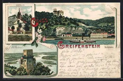 Lithographie Greifenstein a. d. Donau, Ruine Greifenstein, Kapelle, Dampfer auf der Donau