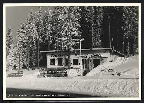 AK Mönichkirchen, Gasthof Lang`s Rasthütten im Winter