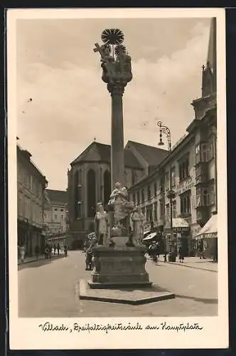 AK Villach, Dreifaltigkeitssäule am Hauptplatz mit Hotel Post