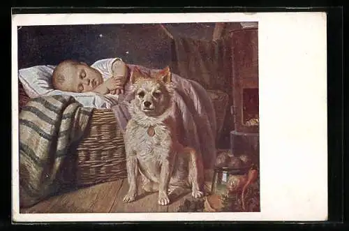 Künstler-AK Der gute Freund, Schlafender Säugling und Terrier