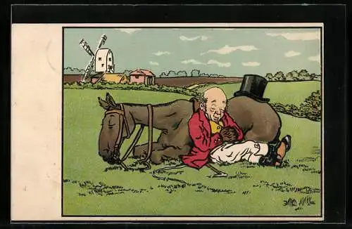 Künstler-AK Reiter und Pferd liegen dösend im Gras