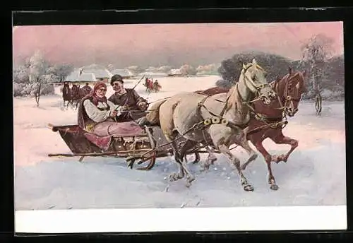AK Paar im Pferdeschlitten vor einem verschneiten Ort