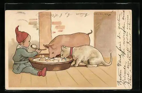 Künstler-AK Zwerg, Schwein und Katze essen aus Trog