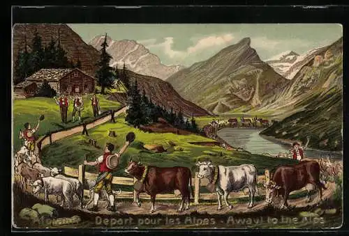 Lithographie Alpfahrt, Almauftrieb, Rinder