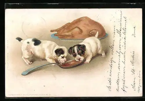 Lithographie Zwei Hundewelpen tun sich gütlich an Löffel mit Bratensaft, Gänsebraten