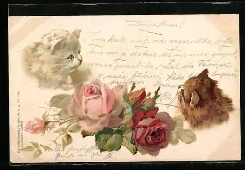 Lithographie Zwei Katzen und zwei Rosenblüten mit Knospen