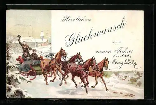Lithographie Fröhliche Fahrt im Pferdeschlitten, Neujahrsgruss