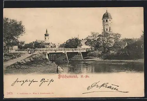 AK Fischamend, Flusspartie mit Brücke und Türmen