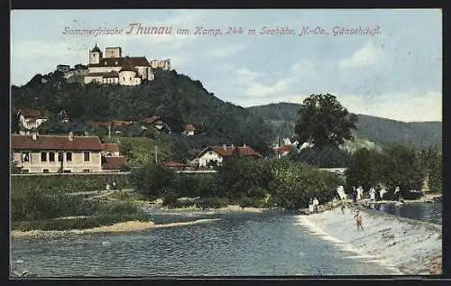 AK Thunau am Kamp, Gänsehäufl, Ortspartie mit Schloss und Badenden