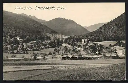 AK Miesenbach, Ortsansicht mit Eisenbahn und Bergen