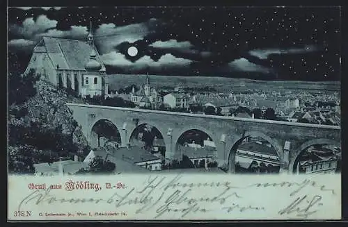 Mondschein-AK Mödling, Teilansicht mit Kirche und Viadukt