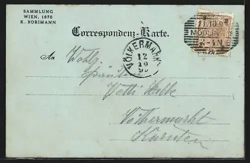 Mondschein-AK Mödling, Teilansicht mit Kirche und Viadukt