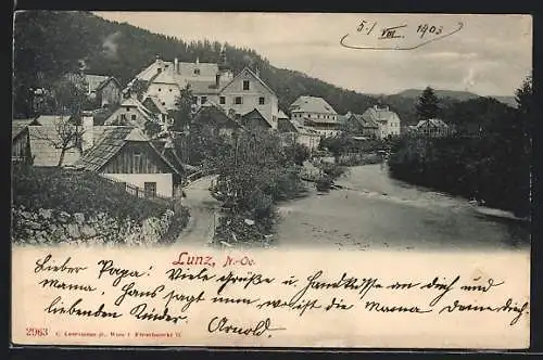 AK Lunz, Teilansicht mit Fluss und Uferstrasse