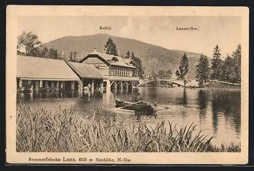 AK Lunz, Gasthaus Buffet mit Lunzer See und Brücke