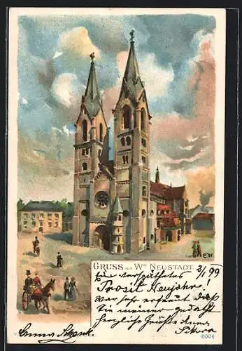 Künstler-AK Wiener Neustadt, Kirche, Pferdekutsche