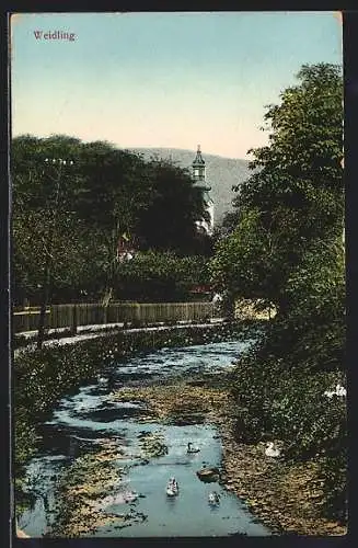 AK Weidling, Blick vom Fluss zum Kirchturm