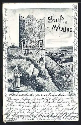 AK Mödling, Ortsansicht mit Burgruine