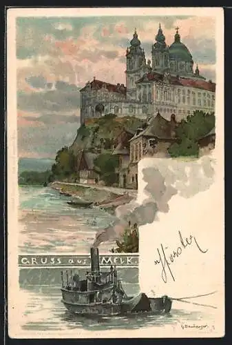 Künstler-AK sign. G. Bamberger: Melk, Kloster, Dampfer