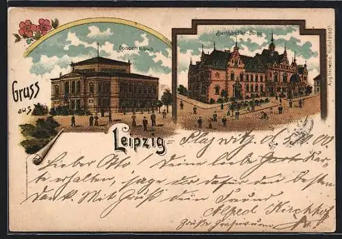 Lithographie Leipzig, Concerthaus und Buchhändler-Börse mit Strasse