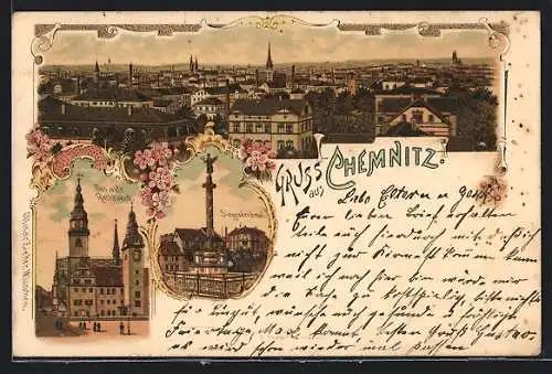 Lithographie Chemnitz, Gesamtansicht, altes Rathaus, Siegesdenkmal