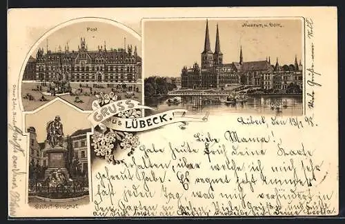 Lithographie Lübeck, Post. Geibel-Denkmal, Museum und Dom